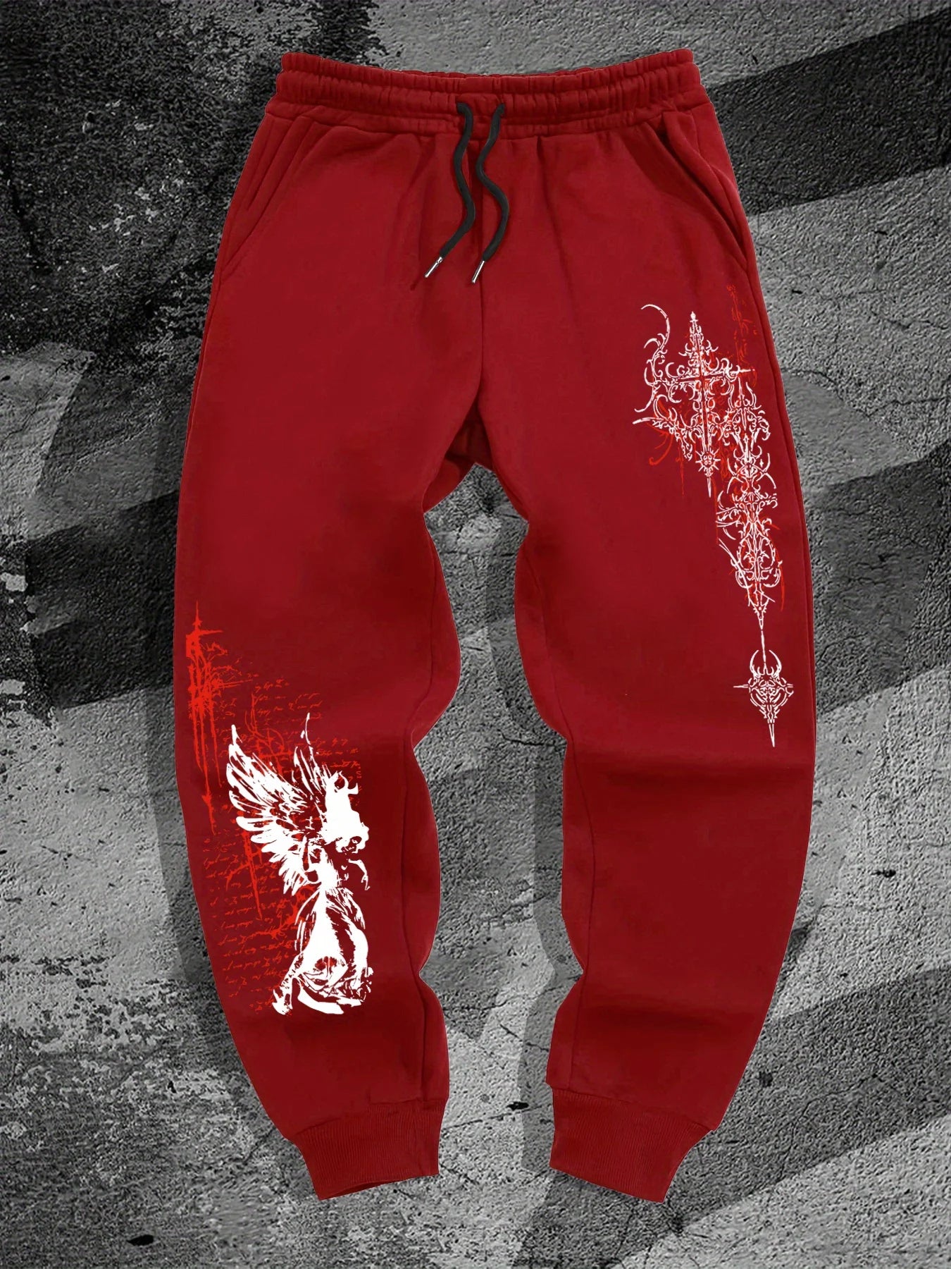 Gothic Angel Print Fashion Harajuku Versatile Solid Color Daily Outdoor Running Fitness Breathable Comfortable Men Sports Pants