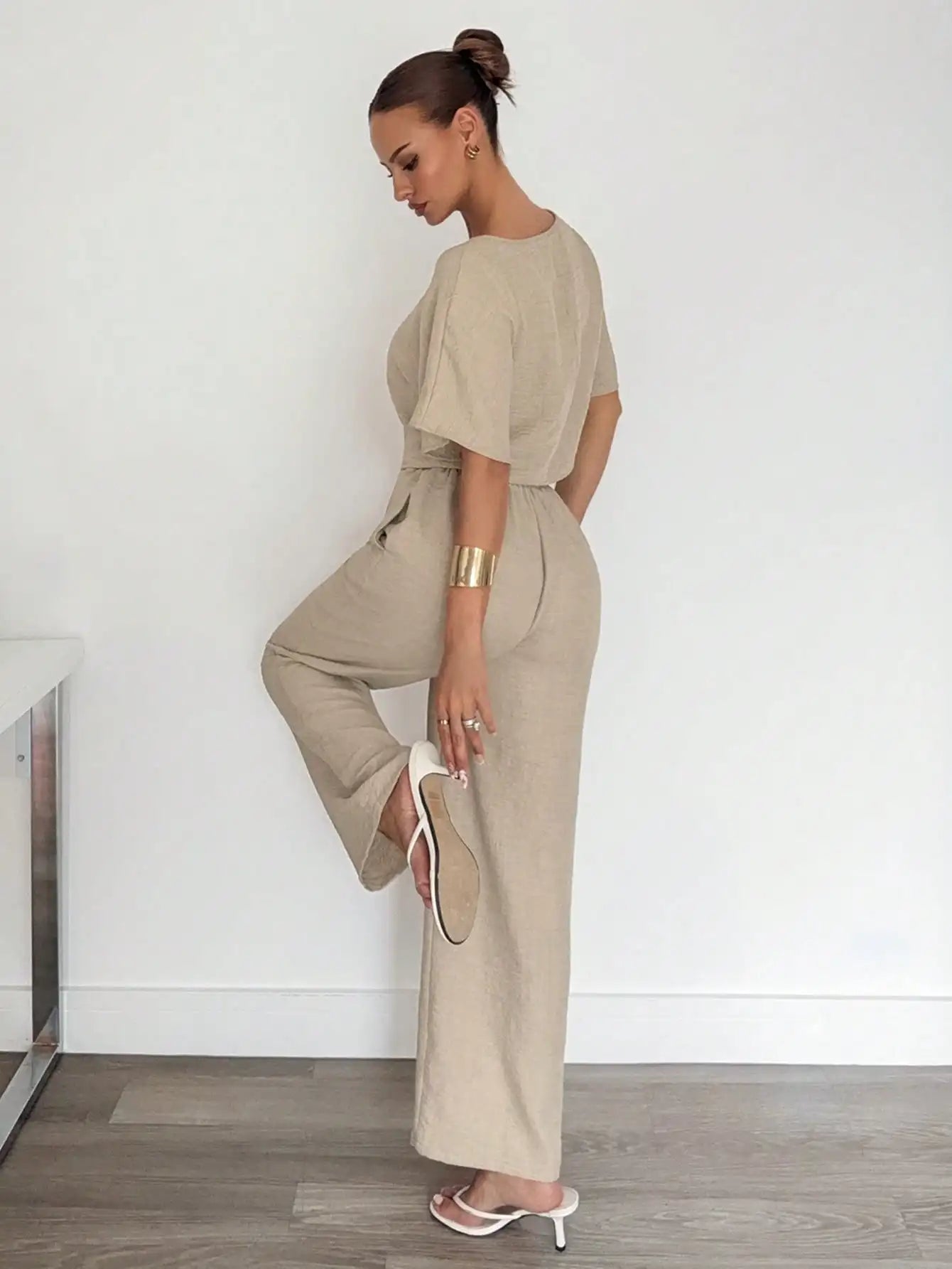 Beige 2-Piece Casual Set: Short Sleeve Top & Wide Leg Pants for Summer Work or Lounge