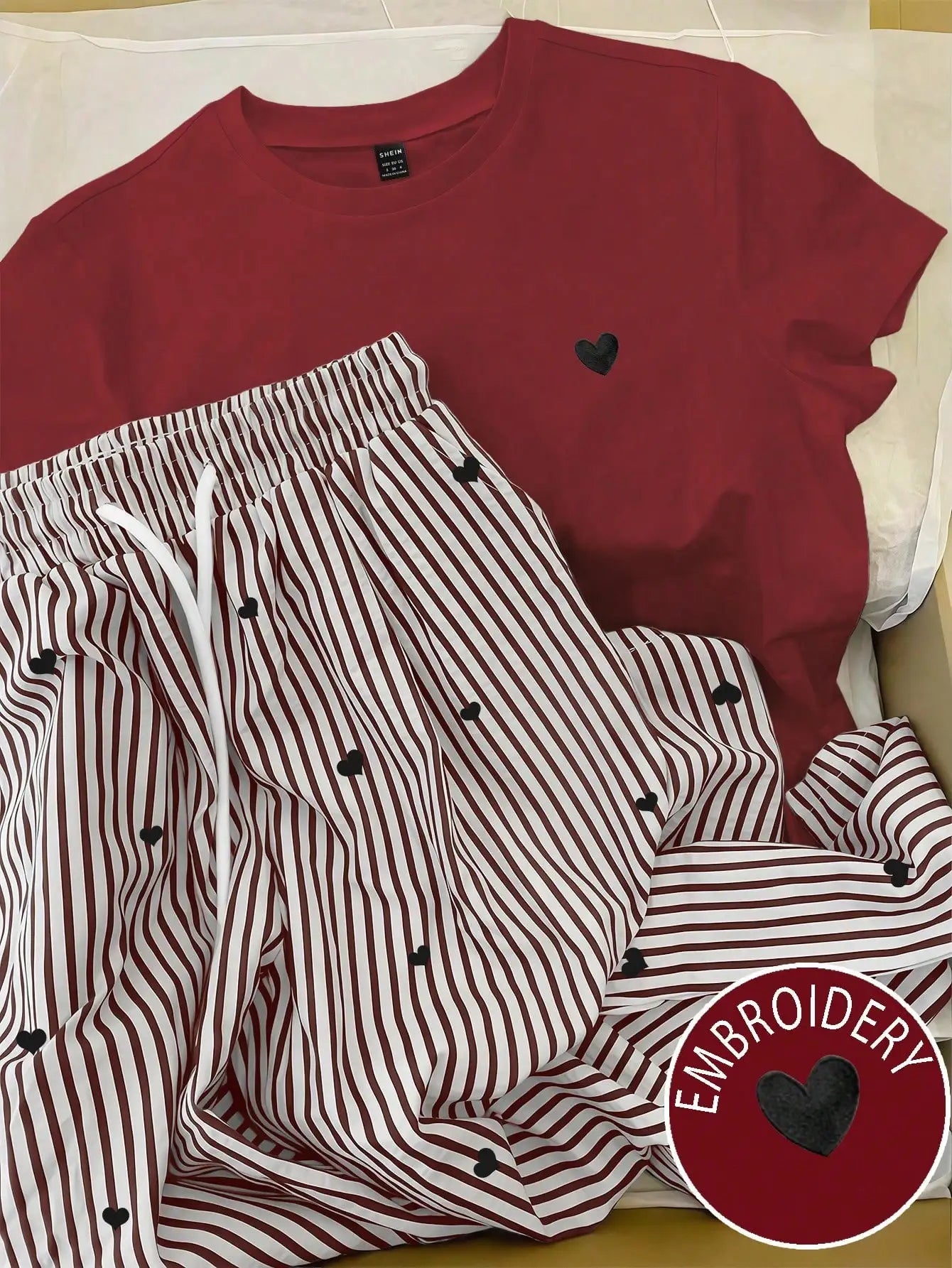 INAWLY Women's Heart Print Round Neck Short Sleeve T-Shirt And Drawstring Waist Striped Pants Casual Suit